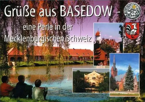 Seedorf-Basedow (Mecklenburg) Dorfteich mit Alter Kirche, Schloß, Marstall 2002