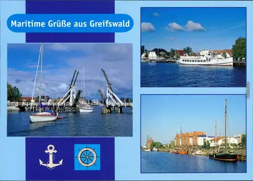 Ansichtskarte Greifswald Hafen, Klappbrücke, Museumshafen 2004