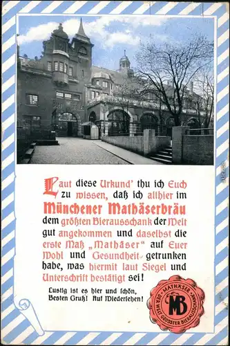 Ansichtskarte München Gasthaus Mathäser Brü - Urkunde 1930 