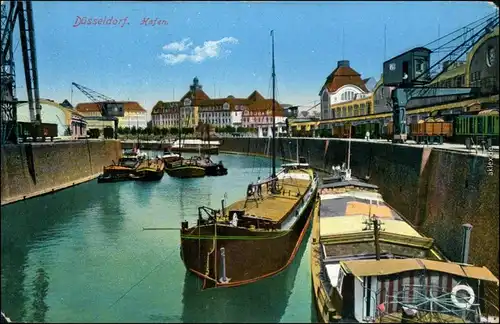 Ansichtskarte Düsseldorf Hafen, Zug, Schlepper 1915 