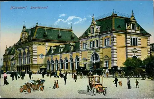 Ansichtskarte Düsseldorf Hauptbahnhof, Kutschen, Autos 1915