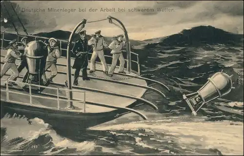 Ansichtskarte  Künstlerkarte WK - Deutsche Minenleger - stürmische See 1915 