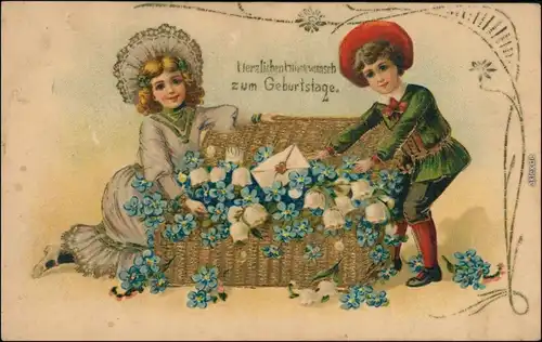 Ansichtskarte  Kinder vor einer Kiste Blumen Gold - Geburtstag 1908 Goldrand