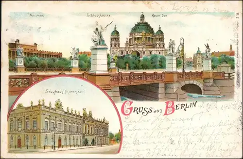 Ansichtskarte Mitte-Berlin 3 Bild Litho: Museum, Schlossbrücke - Dom 1908 