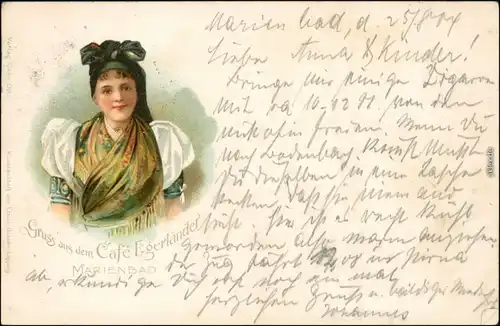 Marienbad Mariánské Lázně Frau in Tracht - Werbekarte Cafe Egerländer 1904 