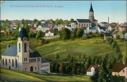 Ansichtskarte Johanngeorgenstadt Kirche und Stadtpartie 1915 