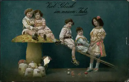 Ansichtskarte  Neujahr, Kinder Pilz und Geldsäcke - Goldrand 1914 Goldrand