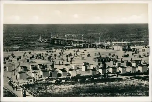 Ansichtskarte Swinemünde Świnoujście Strand, Seebrücke und Hütten 1932 