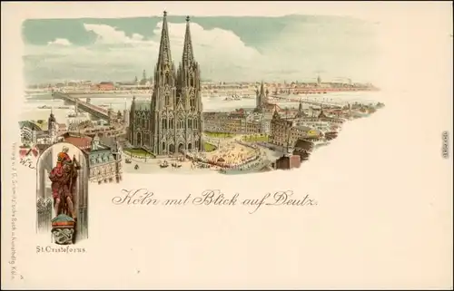 Ansichtskarte Köln 2 Bild Litho: Statue, Dom - Deutz 1904 