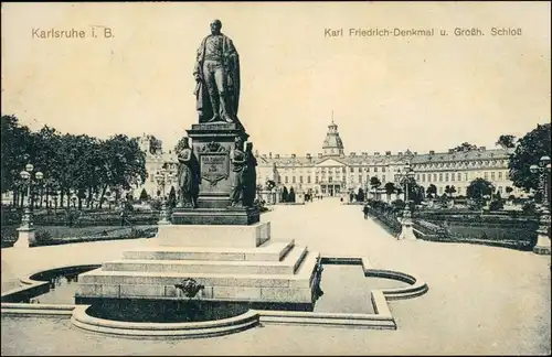 Ansichtskarte Karlsruhe Karl Friedrich Denkmal und Schloß 1913 
