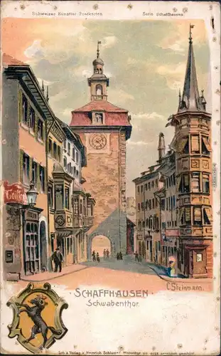 Ansichtskarte Schaffhausen Heraldik-Künstlerkarte: Straßeb Schwabentor 1908 
