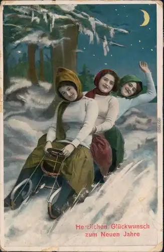 Ansichtskarte  Glückwunsch Neujahr: drei Frauen rodeln mit Schlitten 1912