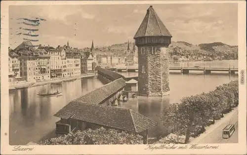 Ansichtskarte Luzern Lucerna Kapellbrücke mit Wasserturm 1914