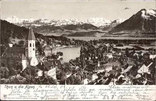 Ansichtskarte Thun Thoune Blick auf die Stadt mit Alpen 1903