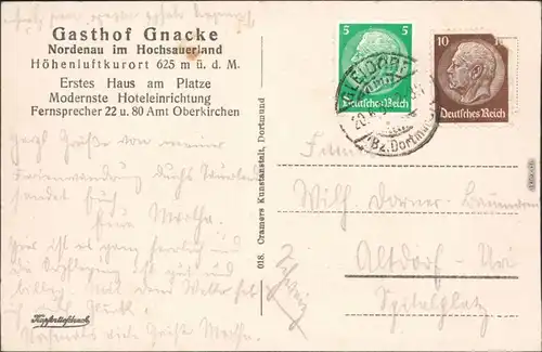 Ansichtskarte Nordenau-Schmallenberg Stadt, Gasthof Gnacke 1934 