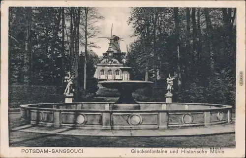Ansichtskarte Potsdam Sanssouci Glockenfontaine und historische Mühle 1933 