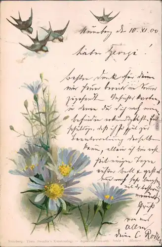  Glückwunsch / Grusskarten: Allgemein - Blumen und Schwalben 1900