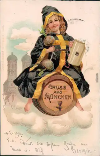 München Künstlerkarte: Frauenkirche, Mädchen auf Bierfass  Hand 1902 Prägekarte