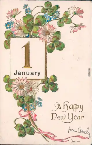 Glückwunsch - Sylvester "A happy new Year" - Blumen, Kleeblatt,1905 Goldrand