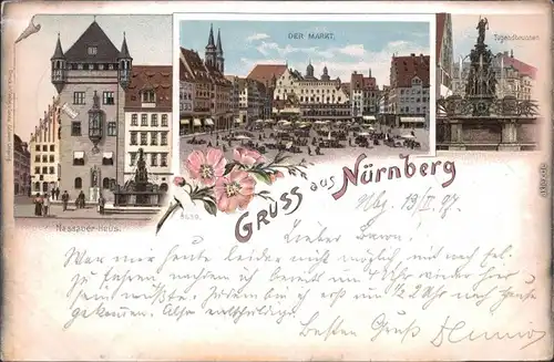 Ansichtskarte Nürnberg Nassauer-Haus, Markt, Tugendbrunnen 1897