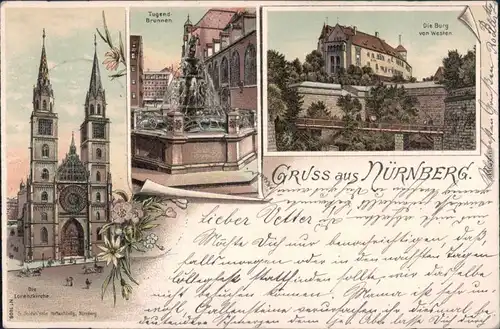 Litho Ansichtskarte Nürnberg Lorenzkirche, Tugend-Brunnen, Burg 1898