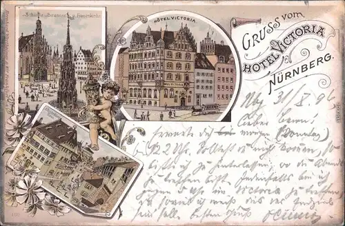 Litho Ansichtskarte Nürnberg Hotel Victoria, Brunnen, Frauenkirche 1896