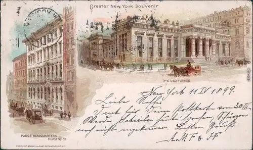 Vintage Postcard  New York City Polizei Hauptquartier, the old tombs Litho 1899