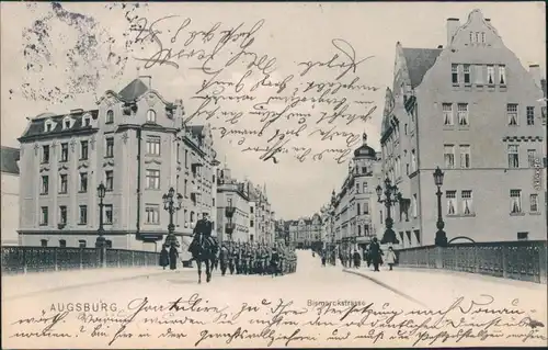 Ansichtskarte Augsburg Bismarckstraße Soldaten Parade 1905