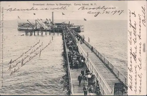 Vintage Postcard Brooklyn Dampfer Dreamland - Ankunft Coney Island 1907