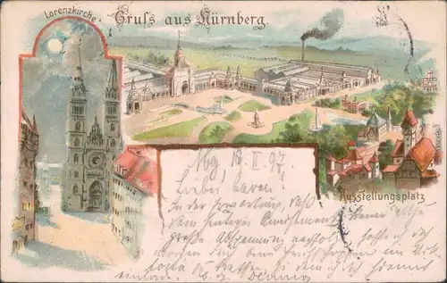 Nürnberg 2 Bild Litho - Lorenzkirche Mondschein, Ausstellungsplatz 1897 
