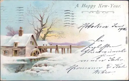 Ansichtskarte  Happy New Year - Winterllandschaft Wassermühle 1905 