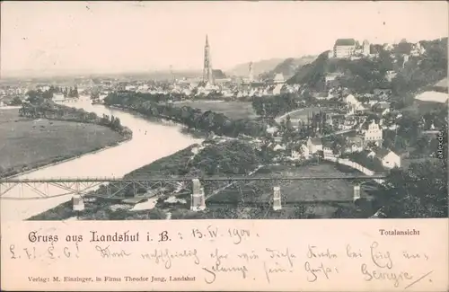 Ansichtskarte Landshut Totalansicht mit Brücke 1900