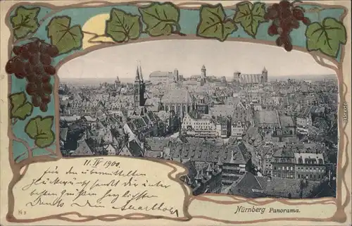 Ansichtskarte Nürnberg Blick auf die Stadt Weinlaub Ornament 1900