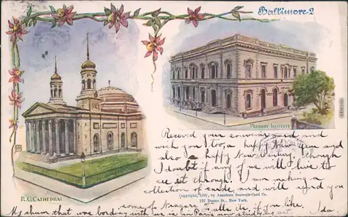 Vintage Postcard Baltimore 2 Bild: Cathedrale, Peabody Institute 1897