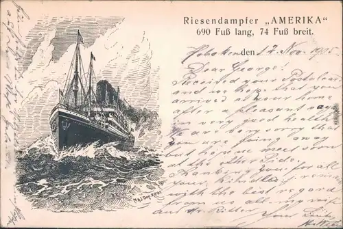 Ansichtskarte  Künstlerkarte v. M & J. Dep.: Riesendampfer "Amerika" 1905