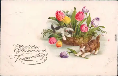  Glückwunsch - Namenstag: Katzen spielen im Blumenkorb 1931 Goldrand