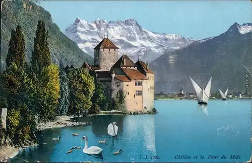 Ansichtskarte Veytaux Schloss Chillon mit Bergmassiv 1911