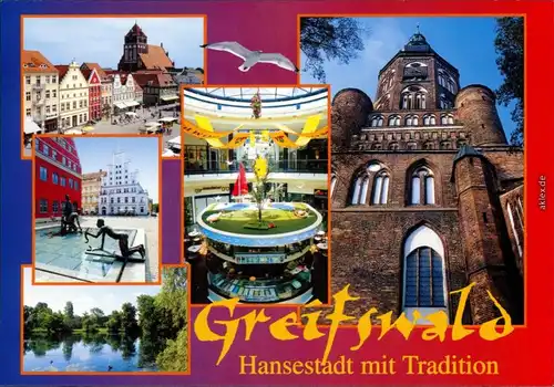 Ansichtskarte Greifswald Brunnen, Markt, See, Kirche, Einkaufszentrum 1995