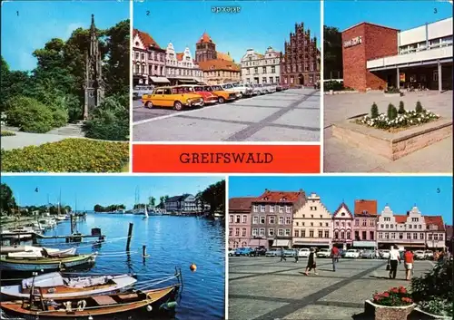 Greifswald Rubenowdenkmal, Platz  HOG Boddenhus, Hafen in Wieck g1977