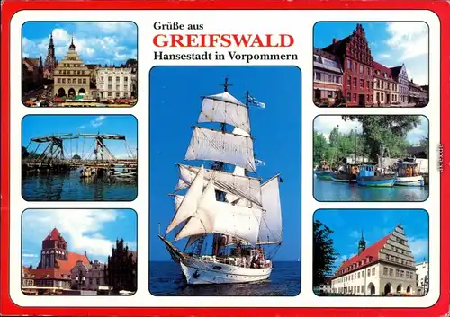 Ansichtskarte Greifswald Rathaus, Brücke, Hafen, Kirche, Markt 1994