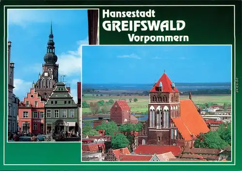 Ansichtskarte Greifswald Kirche, Markt mit Geschäfte 1995