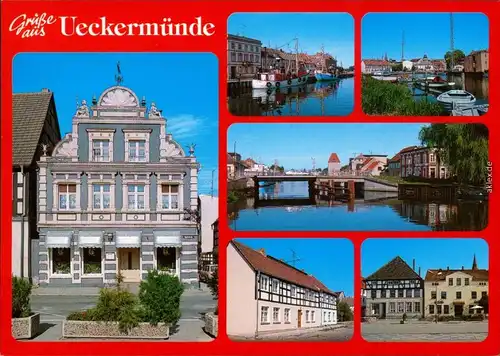 Ansichtskarte Ueckermünde Markt, Hafen, Brücke, Häuser 1995