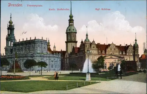 Innere Altstadt-Dresden Grünanlagen, Theaterplatz, Hofkirche, Kgl. Schloss 1917