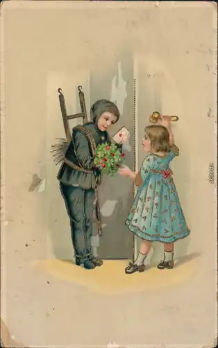  Glückwunsch - Neujahr/Sylvester: Schornsteinfeger, Brief, Mädchen 1915 Goldrand