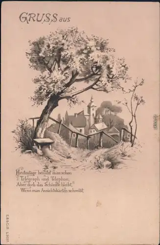 Ansichtskarte  Baum, Bank, Blick auf Ort - Gruss mit Gedicht 1922