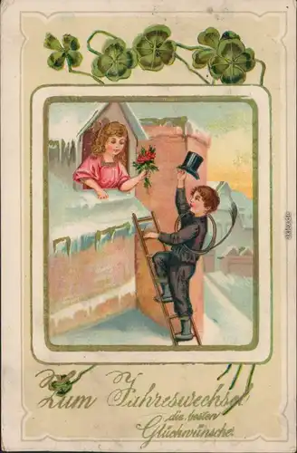  Glückwunsch - Neujahr: Schornsteinfeger, Frau, Kleeblatt 1912 Goldrand