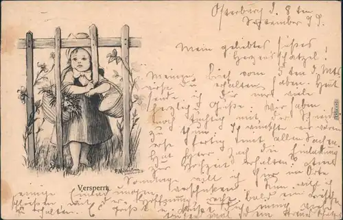  Glückwunsch / Grusskarten: Allgemein - Versperren - Mädchen am Zaun 1899
