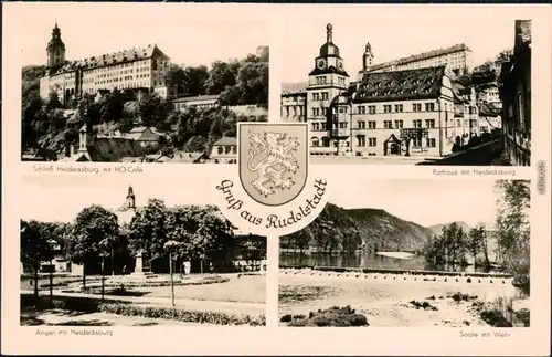 Ansichtskarte Rudolstadt Schloß, Rathaus, Anger, Saale mit Wehr 1961