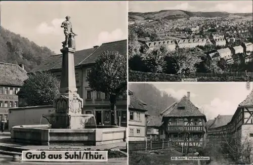 Ansichtskarte Suhl Waffenschmiedebrunnen, Teilansicht, Fachwerkhäuser 1958