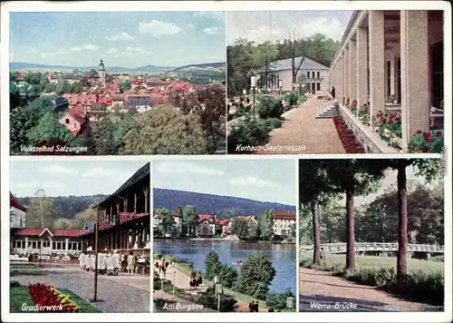 Bad Salzungen Panorama, Kurhaus, Gradierwerk, Burgsee, Werra-Brücke 1955